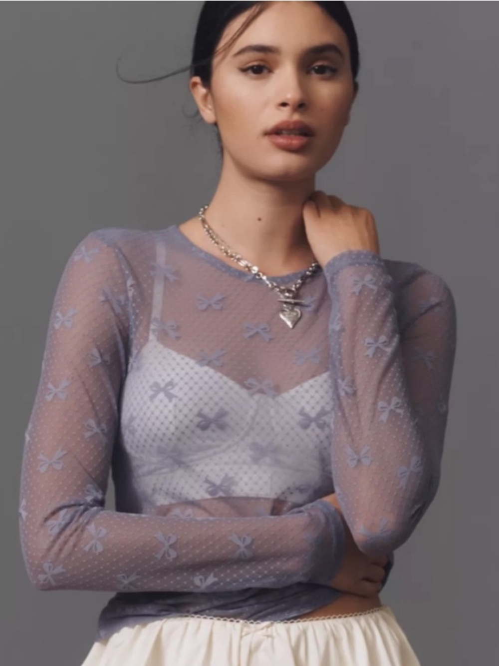 Sheer Lavender Bow Mesh Long Sleeve Top 🪻